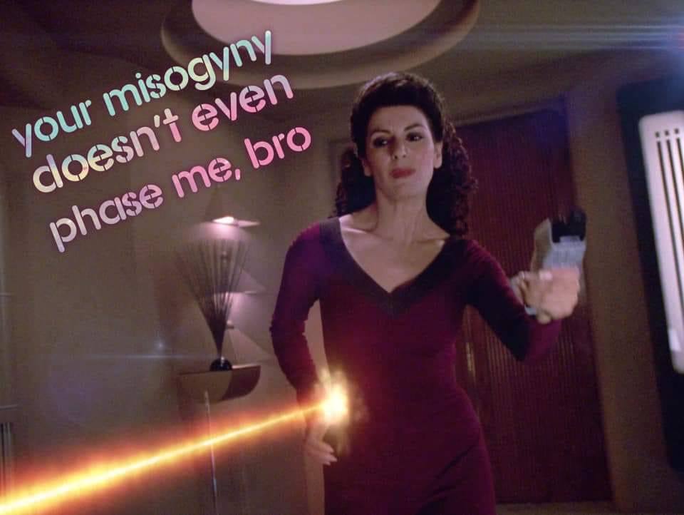 This meme is a humorous image featuring a character from the Star Trek franchise, Captain Janeway from Star Trek: Voyager, with a shocked expression. The image is captioned "Your misogyny doesn't even phase me, bro" in a playful, sarcastic tone, implying that the character is unimpressed by someone's misogynistic behavior. The caption is a clever play on words, referencing a famous Star Trek phrase "Your logic doesn't even phase me" and adapting it to address sexism.